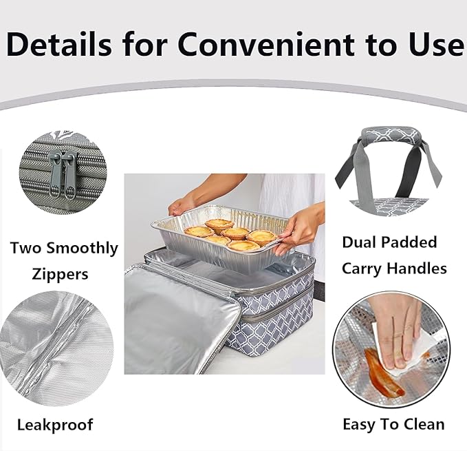 Insulated Casserole Carrier Bag - Portable Thermal Food Tote Carrying Case Bag for 9x13/11x15 Inch Pans - Keep Hot/Cold 4+ Hours - Double Decker for Festival Potlucks, Camping or Outdoor Events