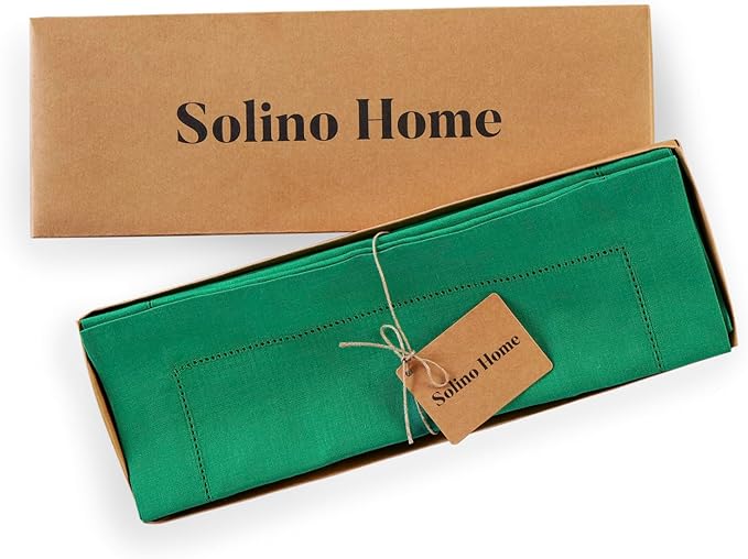 Solino Home Linen Cloth Placemats Set of 4-100% Pure Linen Hemstitch Emerald Green Placemats 14 x 19 Inch - Classic Hemstitch Table Place Mats for New Year