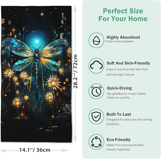 2 Pack Hand Towels for Bathroom,Glowing Dragonfly Decorative Kitchen Towels Highly Absorbent Soft Towels for Bathroom Beach Spa Gym Face Towel 14x28 Inch