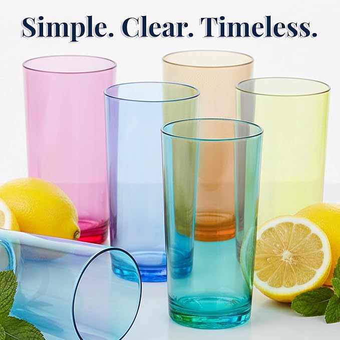US Acrylic Classic Plastic Reusable Drinking Glasses (Set of 6) 24oz Iced Tea Cups Assorted Colors | BPA-Free Tumblers, Made in USA | Top-Rack Dishwasher Safe