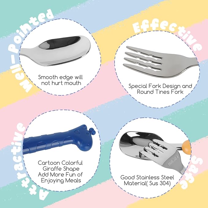 Stainless Steel Kid Silverware Set with Carrying Case, Safe Toddler Spoon and Fork Set for 1+, Ideal On-The-Go Toddler Utensil Set for School Lunch, Travel, & Outdoors, Dishwasher Safe(BLUE)