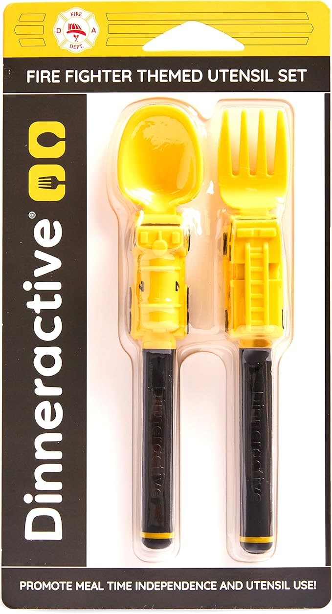 Dinneractive Utensil Set for Kids – Yellow Firefighter Themed Fork and Spoon for Toddlers and Young Children – 2-Piece Set