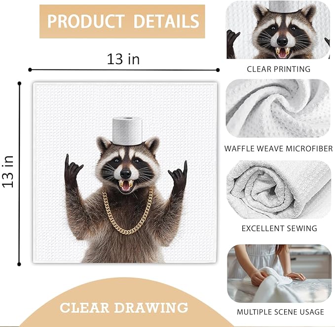 13x13 Cute Raccoon Kitchen Towels 1 PCS, Funny Racoon Gifts for Women, Raccoon Decor Hand Towels for Bathroom, Cute Animal, Women, Pet Owners Housewarming-03