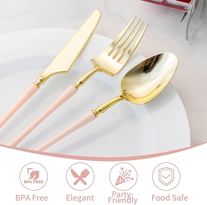 Lullaby 150pcs Gold Plastic Silverware, High End Disposable Cutlery with Pink Handle Include 50 Forks, 50 Spoons, 50 Knives, Perfect for Birthdays, Parties, Weddings, and More