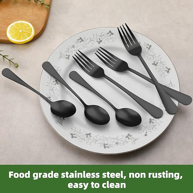 24 Pcs Black Forks and Spoons Silverware Set, Food Grade Stainless Steel Flatware Cutlery Set for Kitchen and Restaurant, 12 Dinner Fork(8") and 12 Teaspoon(6.7"), Mirror Polished, Dishwasher Safe