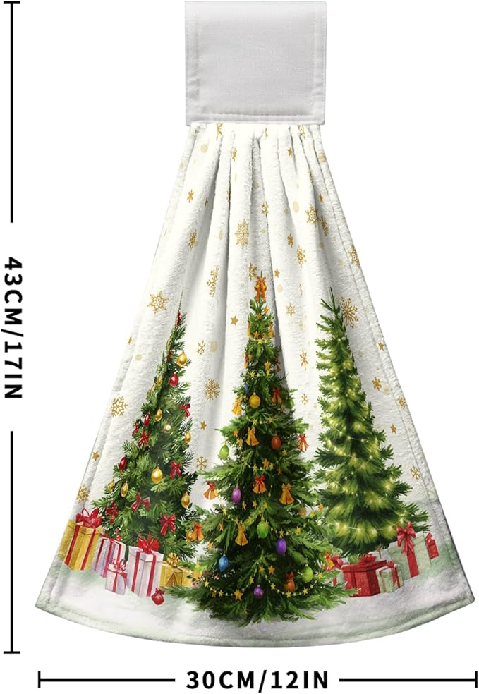 Xmas Tree Hanging Kitchen Towels Winter Holiday Hand Tie Towel Snowflakes Dish Towels with Loop Soft Absorbent Dishcloth for Bathroom Kitchen