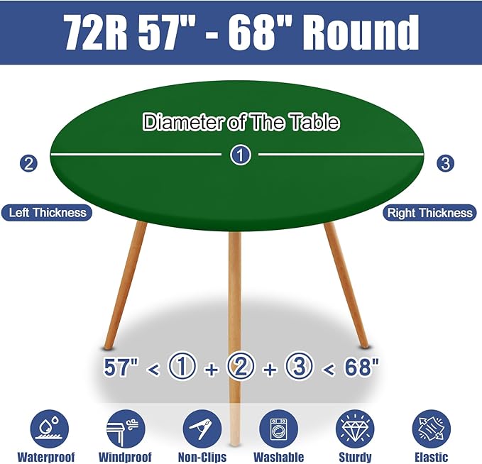 Round Spandex Tablecloth, Elastic Fitted Waterproof Tablecloths for 57"-68" Tables, Stretch Washable Picnic Table Cover for Camping, Dining, Indoor and Outdoor, Emerald Green