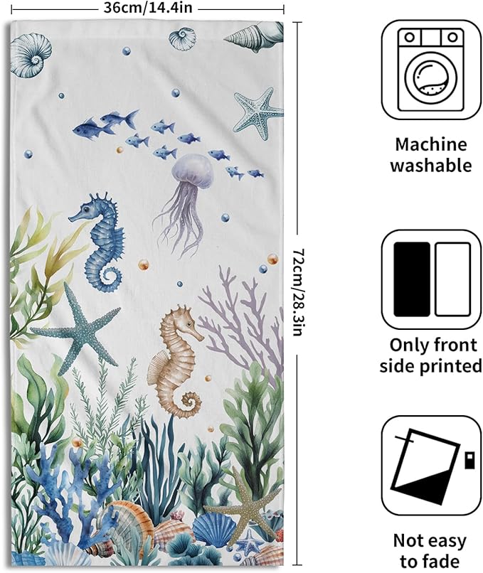 Imiss Nautical Coastal Hand Towels Coral Starfish Seashell Kitchen Towels 14.4 x 28.3 Inch Sea Themed Dishcloth Summer Beach Decorative Washcloth for Face Yoga Gym Spa