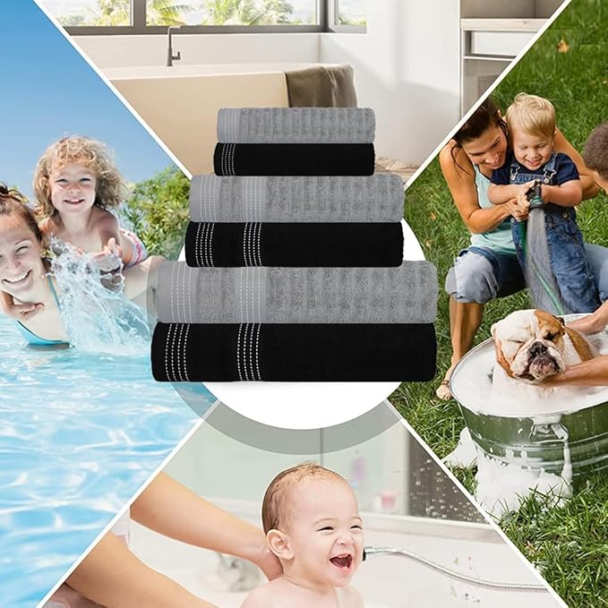 CASA COPENHAGEN® Elegance 6 Pieces Towel Set- Grey Violet + Black, 550 GSM, 2 Bath Towel 2 Hand Towel 2 Washcloth Designed in Denmark Made of Soft Egyptian Cotton for Bathroom, Kitchen and Shower