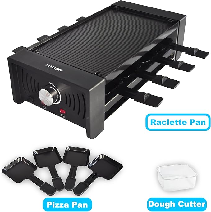 TAMARIT Raclette Party Grill Portable Indoor Electric Korean BBQ Grill 2 in 1 Raclette Table Griddle with Nonstick Coating Plate 4 Pizza Pans 8 Cheese Trays Upper and Lower Heater, PFAS-No