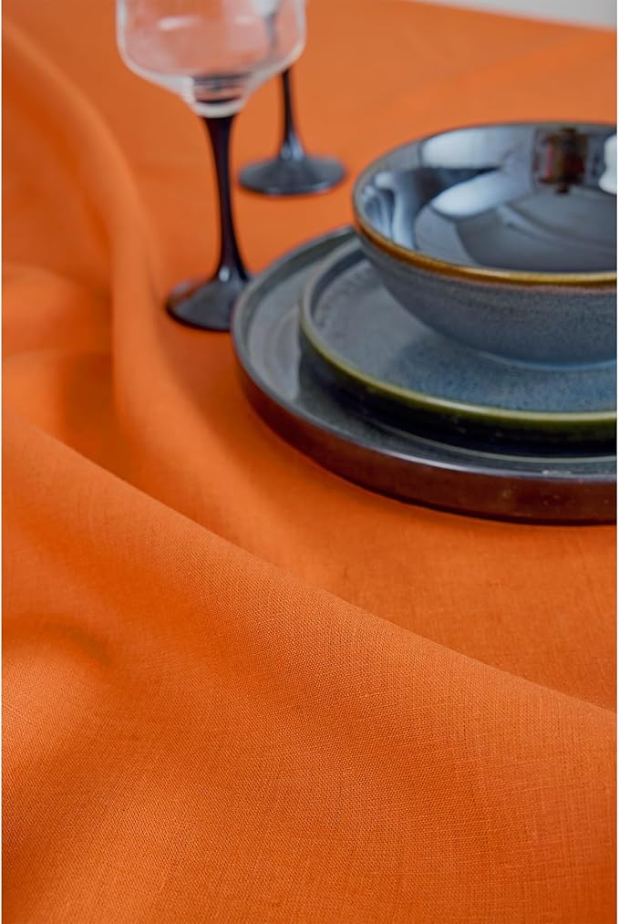 Solino Home Linen Tablecloth for Rectangle Tables 60 x 108 Inch - 100% Pure Linen Persimmon Orange Table Cloth - Fete, Machine Washable Cloth Tablecloth