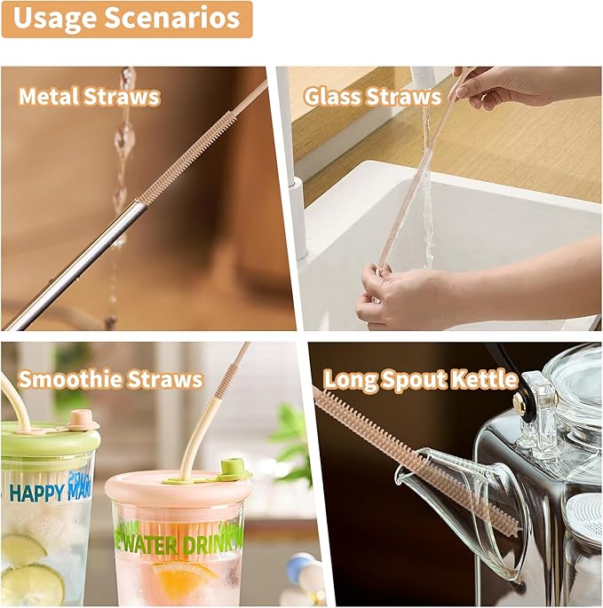 Silicone Straw Cleaner Brush, 2Pcs Reusable Straw Brush Extra Long for Cleaning Tumbler with Handle and Glass Metal Smoothie Straws, Non-slip Handle Soft and Bendable, 6mm+9mm (Brown)