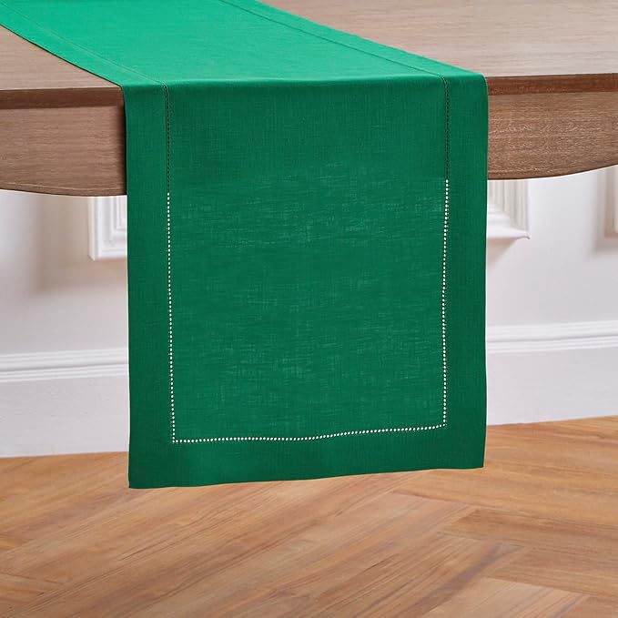 Solino Home Linen Hemstitch Table Runner 120 Inches Long - 100% Pure Linen Emerald Green Table Runner 14 x 120 Inch for New Year - Classic Hemstitch