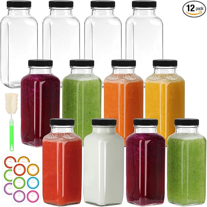 12 oz Glass Juice Bottles with Lids 12 Pack,Reusable Glass Drink Bottles,350ml Water Drinking Jars for Milk,Juicing,Kombucha,Ginger,Beverage Glassware,Juice Drinking Jars