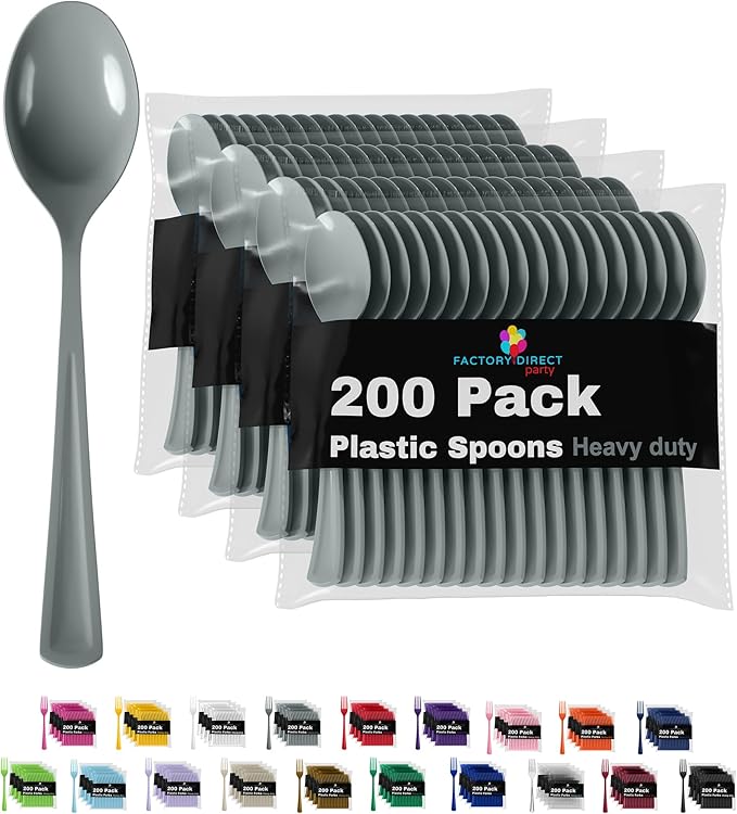 Party Solids Silver Plastic Spoons 200 Pieces Silver Spoons Disposable Utensils Heavy Duty Plastic Cutlery Set Disposable Cutlery Sets Flatware Sets Silverware Set Party Supplies & Party Tableware