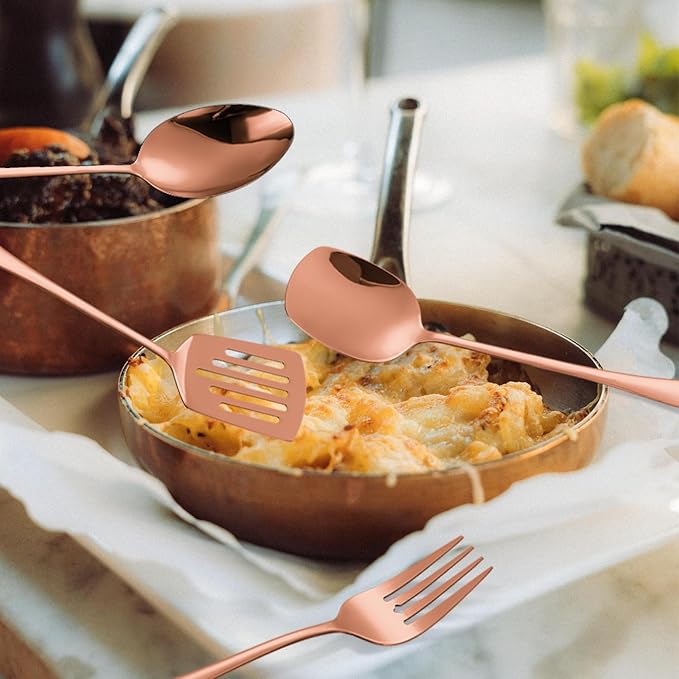 Copper Serving Utensils Set - Rose Gold Stainless Steel Flatware Set 11- Pieces Cake Knife Serving Fork Spoon Skimmer Pasta Ladle Spatula Perfect for Home Kitchen and Special Occasions