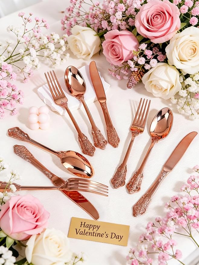 WDF 120Pieces Rose Gold Plastic Silverware - Heavy Duty Rose Gold Plastic Cutlery Set - Disposable Utensils - Flatware Includes 40 Forks, 40 Spoons, 40 Knives for Wedding, Valentines Day