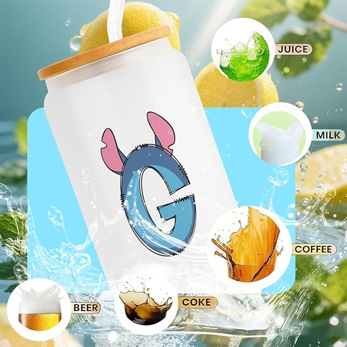Cute Cartoon Lover Gifts Initial A-Z Personalized Iced Coffee Cup Cartoon Merch 16oz Glass Cup with Lid and Straws Birthday Christmas Gifts for Women Teen Girls Fans (Letter G)