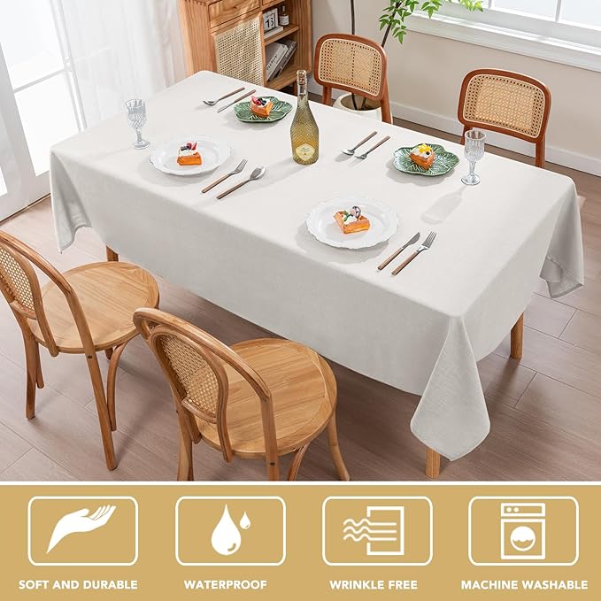 H.VERSAILTEX Linen Table Cloths Rectangle 60 x 84 Inch Premium Tablecloth Spill-Proof Waterproof Table Cover for Dining Buffet Feature Extra Soft and Thick Fabric Wrinkle Free, White
