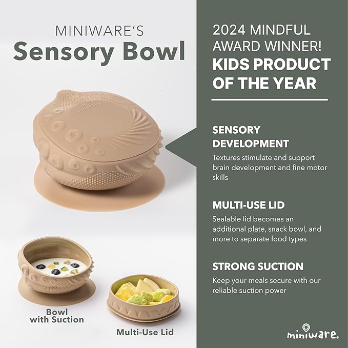 Miniware Sensory Baby Bowl - Almond Butter - Silicone Bowls for baby to Combine Mealtime with Sensory Development - 100% Food Grade Silicone Baby Bowls - BPA Free, Non-Toxic Todddler Bowls
