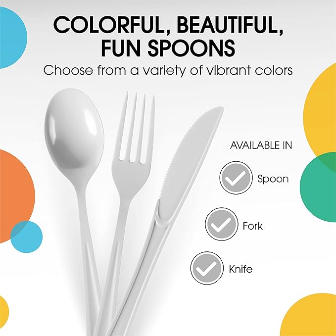Party Solids 200 Pcs Heavy Duty Plastic Cutlery - White Disposable Flatware, Plastic Spoons