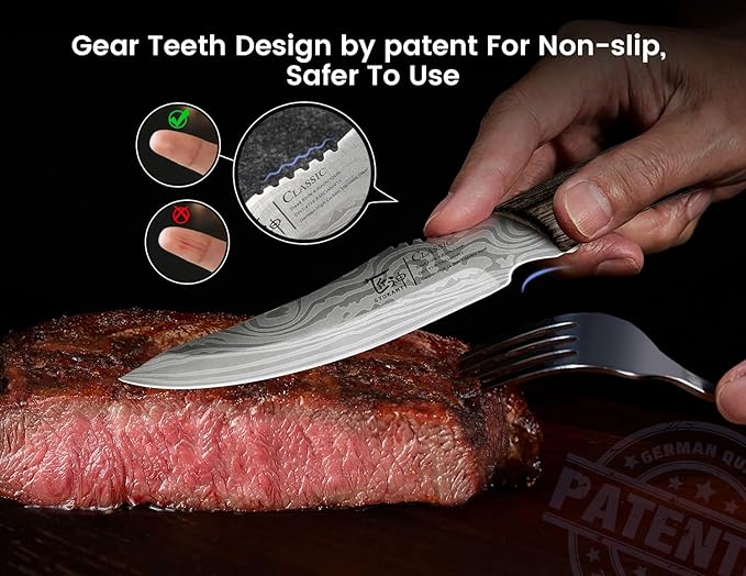 Steak Knives Set of 8, 4.8 Inch Carbon Steel Japanese Style Non Serrated Dinner knives with Wooden Handle, Damascus Pattern Full Tang Design, Housewarming Holiday Cooking Gifts