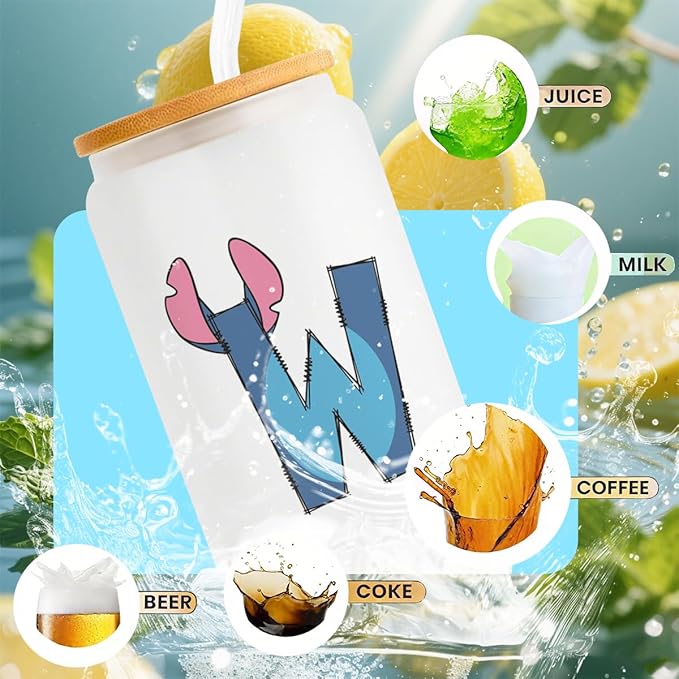 Cute Cartoon Lover Gifts Initial A-Z Personalized Iced Coffee Cup Cartoon Merch 16oz Glass Cup with Lid and Straws Birthday Christmas Gifts for Women Teen Girls Fans (Letter W)