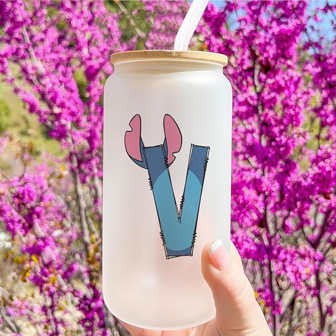Cute Cartoon Lover Gifts Initial A-Z Personalized Iced Coffee Cup Cartoon Merch 16oz Glass Cup with Lid and Straws Birthday Christmas Gifts for Women Teen Girls Fans (Letter V)