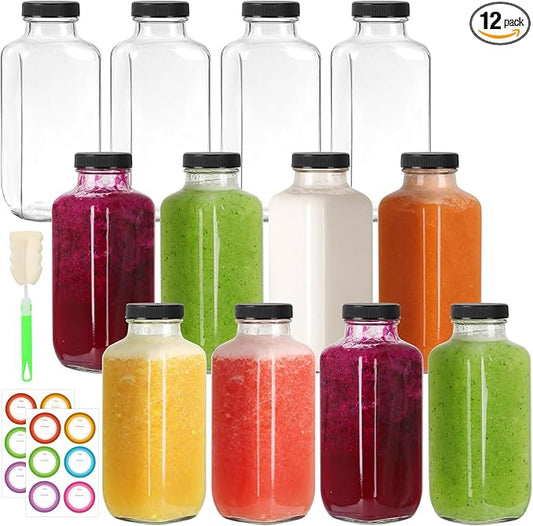 16 oz Glass Juice Bottles with Lids 12 Pack,Reusable Glass Drink Bottles,500ml Water Drinking Jars for Milk,Juicing,Kombucha,Ginger,Beverage Glassware,Juice Drinking Jars