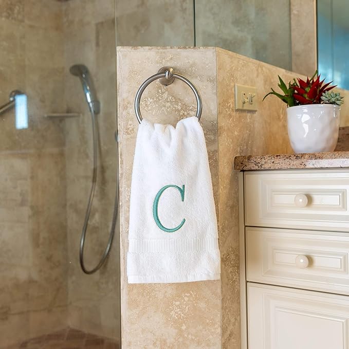 Teal Initial Hand Towel for Bathroom - Monogrammed Luxury Hotel Quality Decorative Embroidered Towel for Powder Room, Spa - GOTS Organic Certified - Set of 2 Letter C