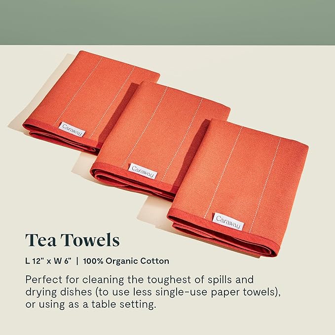 Caraway Tea Towels - Reusable Dish Towels - Made from 100% Organic Cotton - Highly Absorbent & Lint-Free - Perfect for Kitchen Cleanup or Table Setting - Extra Large Size - Perracotta