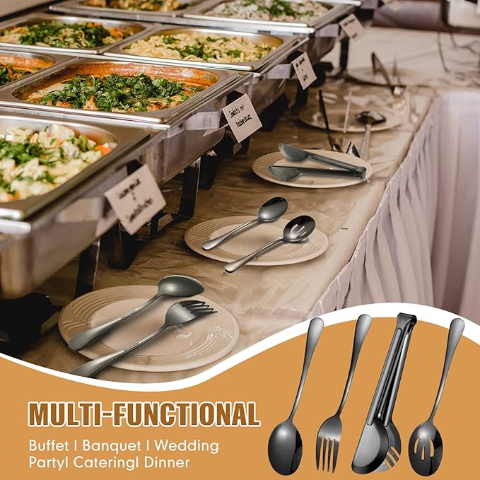 Patelai 15 Pieces Christmas Stainless Steel Black Serving Utensils Set 8.7" Large Spoons and Slotted Spoon 9.45" Tong 9" Forks Flatware Wedding Party Buffet Banquet Cooking Kitchen Catering