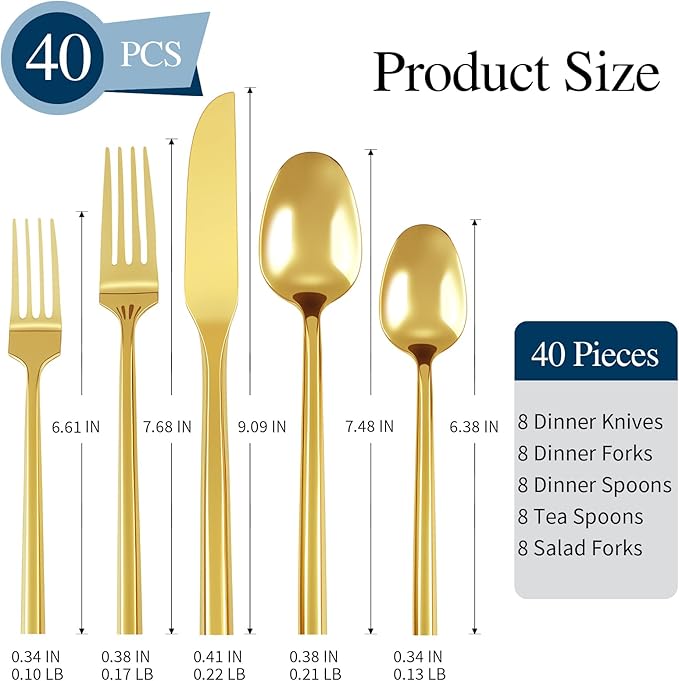 Silverware Set 40-Piece Stainless Steel Cutlery, Mirror Polishing Utensils, Gold Hexagon Flatware Sets, Service for 8