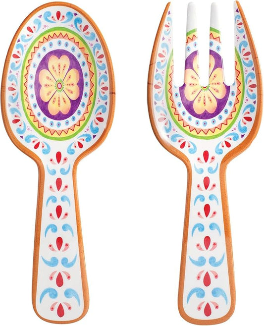 UPware Cinco de Mayo Melamine Salad Servers, Serving Utensil Set, Includes Serving Fork and Spoon for Tossing Salad, Pasta, Cinco de Mayo Decorations, Multicolor, 10.75 Inch, Set of 2