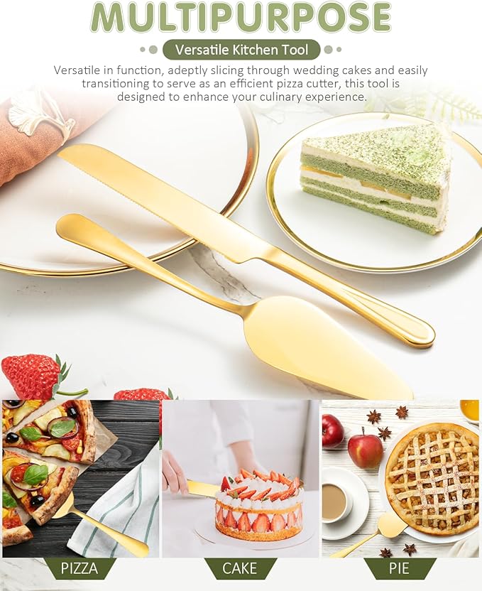 2-Piece Premium Cake Cutting Set, Exquisite Knife and Server with Serrated Design, Includes Cake Knife and Pie Spatula for Pastry, Pizza and Desserts (Gold)