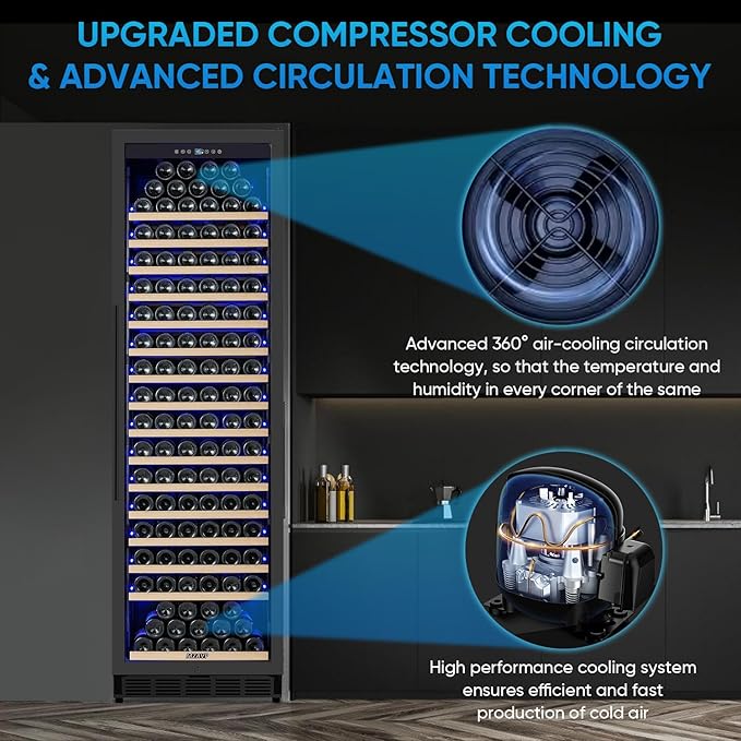 Large Wine Fridge, 200 Bottles Wine Fridge with Fast Cooling and Intelligent Temperature Memory, Wine Cooler Refrigerator Freestanding or Built-in, Professional Wine Cellar with Glass Door