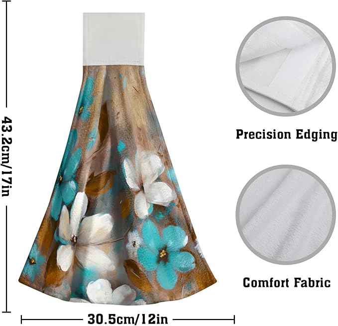 Giwawa Teal Floral Kitchen Hand Towels Abstract Canvas Hanging Tie Towel 2PCS Soft Dish Cloth Fingertip Towel for Bathroom Restroom Home Decor
