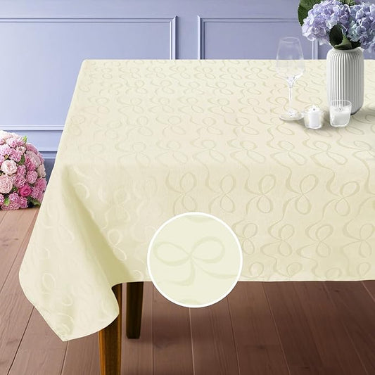 Cream Tablecloth (1PC, 60"x84"), Washable Tablecloth for 6ft Rectangle Tables (6-8 Seats) - Cotton Polyester, Wrinkle/Fade Resistant, Reusable Table Cover for Dining & Wedding, Beige Bows Jacquard