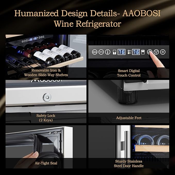 AAOBOSI 24 Inch 154 Bottles Wine Cooler，40-65°F Dual Zone Cooler, 14 Adjustable Shelves，Visualized Temperature Regulation,Uniform Cold Air Circulation
