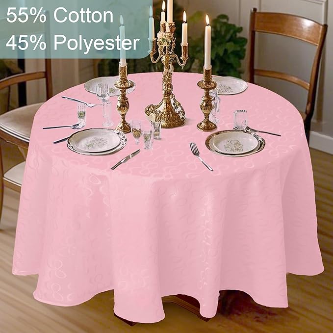 Pink Round Tablecloth, 1PC Circle Table Cover 70" (Seat 4-6) - Cotton Polyester, Wrinkle/Fade Resistant, Washable & Reusable - Luxury Jacquard Table Cloth for Birthday Parties & Weddings, Bows Design