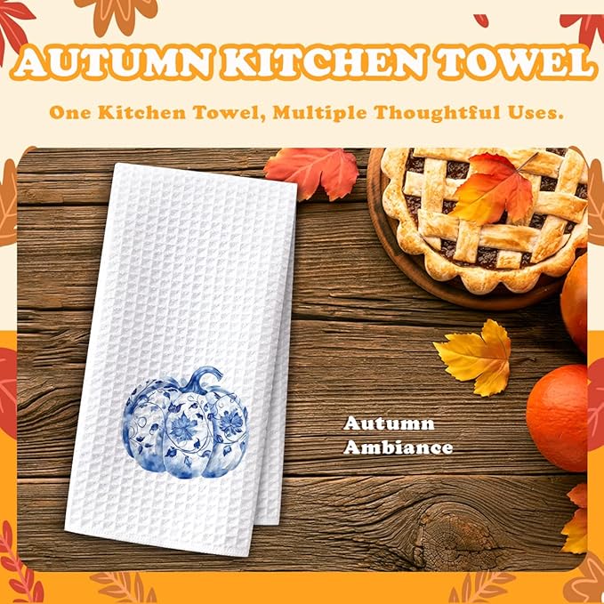 Fall Kitchen Towels Blue and White Pumpkin Kitchen Hand Towels, Chinoiserie Pumpkin Fall Decor Waffle Weave Dish Cloths 16x23.5 Inch, Farmhouse Autumn Thanksgiving Halloween Bathroom-C11