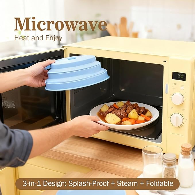 Collapsible Microwave Cover with Water Steamer – Silicone Splatter Cover & Steam Lid, 10 Inch BPA Free, Dishwasher Safe, Easy Storage for Reheating & Steaming Food