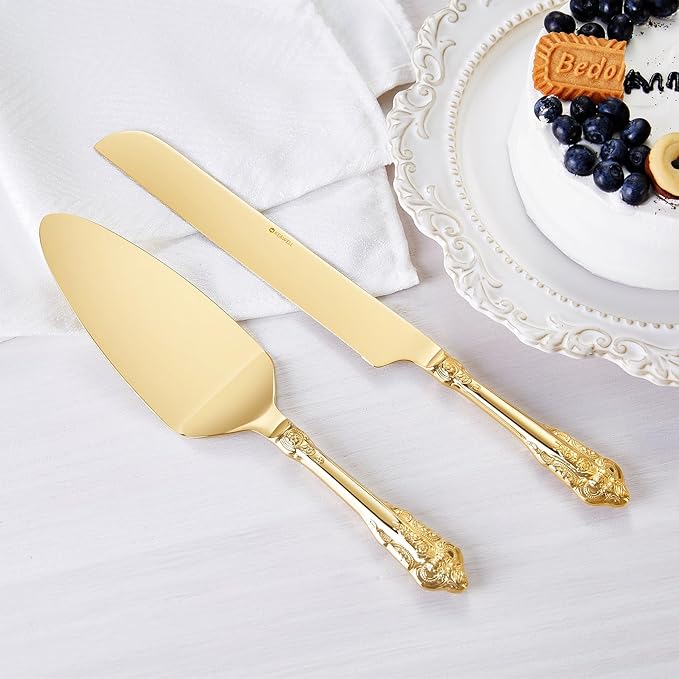 KEAWELL Gorgeous Wedding Cake Knife and Server Set, 18/10 Stainless Steel, Fine Luxury Cake Cutting Set (Gold)