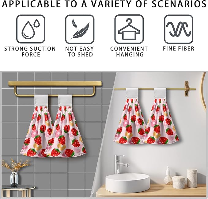 Strawberry Hand Tie Towel Pink Red Fruit Hanging Kitchen Towel with Loop Summer Strawberry Haning Dish Towels Soft Absorbent for Kitchen Bathroom Aceesories Decor Set of 2