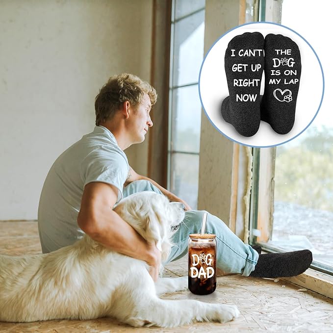 Dog Dad Gifts, Father's Day Gifts for Dog Lovers, 18OZ Daddy Cute Iced Coffee Glass Cup and Socks Present Set for Men, Dogs Lover Present for Men, Best Puppy Dad Coffee Mug