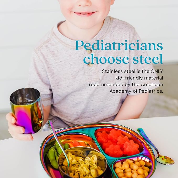 Ahimsa Stainless Steel Kids Dinnerware Set, Pediatrician Designed, 5 Piece Toddler Plates and Bowls Set, Stainless Steel Divided Plate, Cup and Kids Utensils, Rainbow