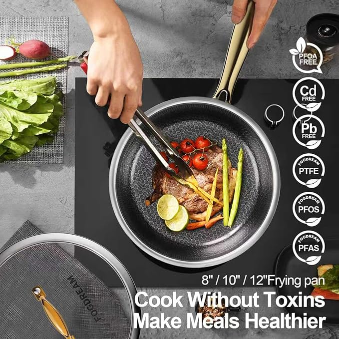 Fogdream 8"10"12" Stainless Steel Pan, Non Stick Frying Skillet with Lid, Tri-Ply Stainless Steel for All Cooktops, Dishwasher and Oven-Safe Cooking Pan, Stay-Cool Handle, Gold