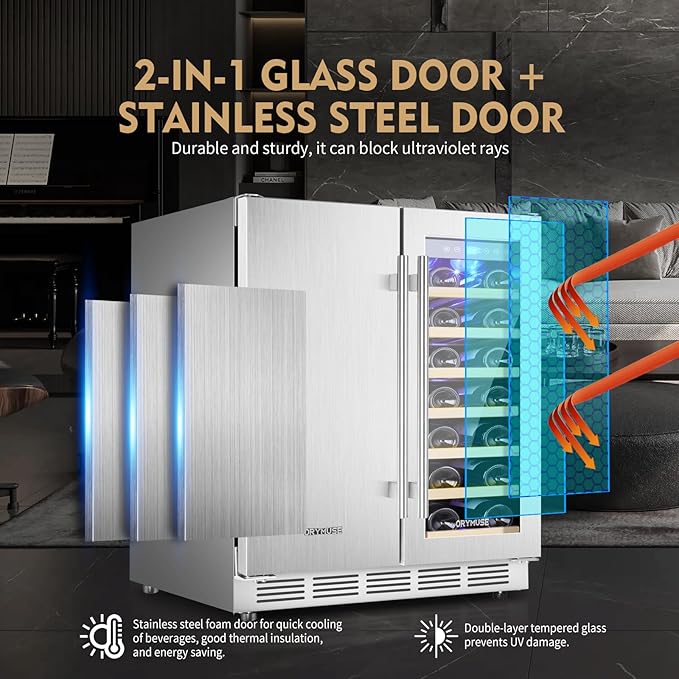 Wine and Beverage Refrigerator, 24 Inch Stainless Steels Beverage Fridge Dual Zone, Wine Beverage Cooler Built-in or Freestanding with Upgraded Cooling, 20 Bottles and 88 Cans Large Capacity