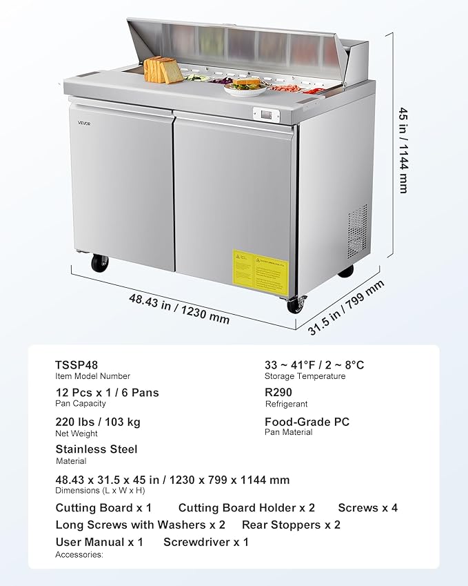 VEVOR 48"W Commercial Refrigerator, 12.5 Cu. Ft Sandwich Prep Refrigerated Table, Mega Top Food Prep Fridge with 12 Pans and Cutting Board, Stainless Steel Salad Prep Cooler for Restaurant, Food Truck