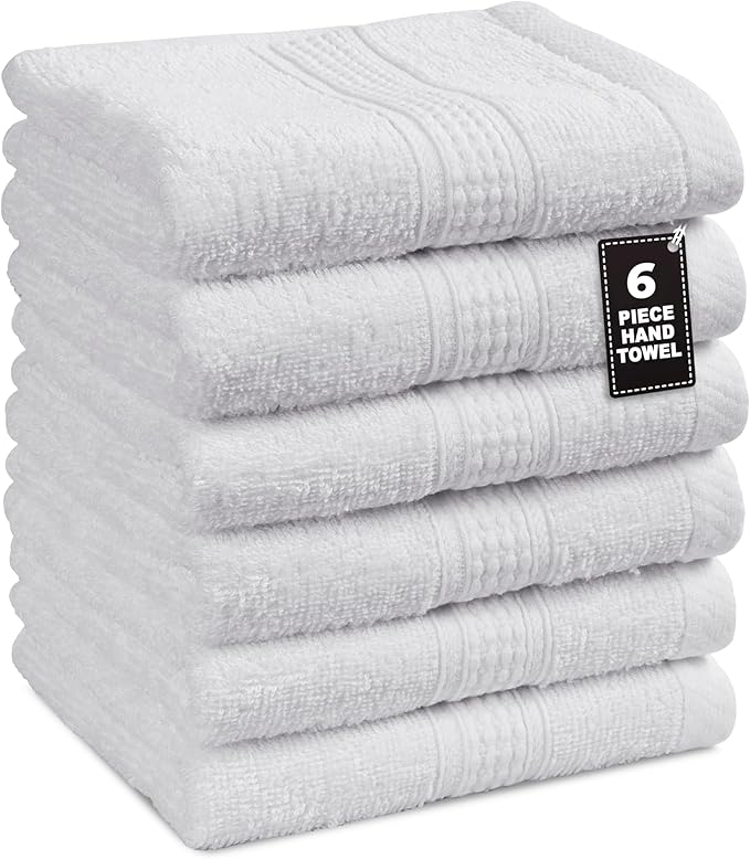 LANE LINEN Set of 6 Hand Towels (16"x28") - 100% Ringspun Cotton - Premium Quality Hand Towels for Bathroom - Quick Drying, Soft & Absorbent Hand Towel Set - Ideal for Hotel, Spa & Salons - White